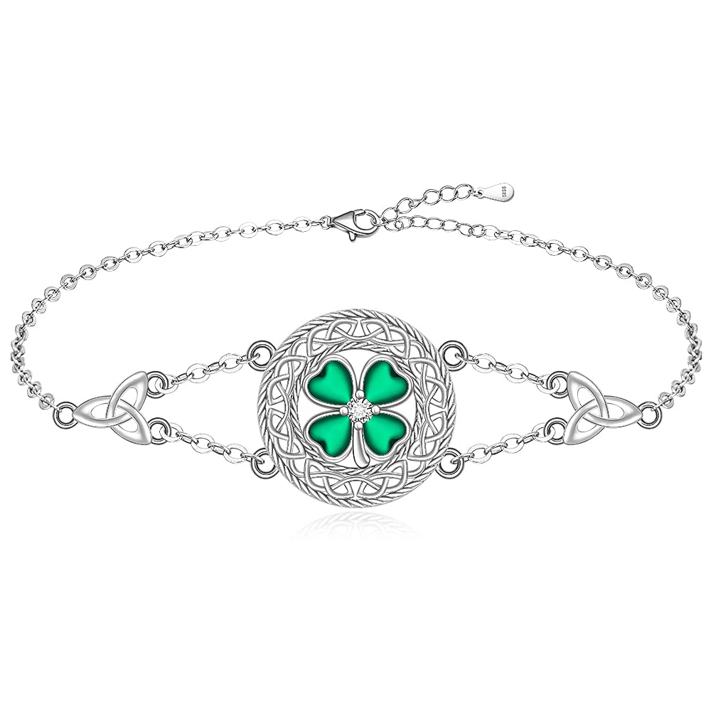 Shamrock Four Leaf Clover Bracelet for Women St Patricks Day Bracelet Sterling Silver Celtic Knot Irish Green 4 Leaf Clover Shamrock Bracelets Jewelry Charm Good Luck Gifts