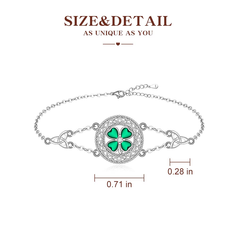 Shamrock Four Leaf Clover Bracelet for Women St Patricks Day Bracelet Sterling Silver Celtic Knot Irish Green 4 Leaf Clover Shamrock Bracelets Jewelry Charm Good Luck Gifts