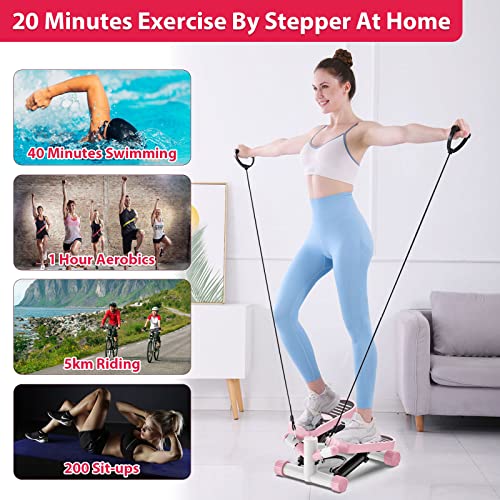 Kweetle Steppers for Exercise, Mini Stair Stepper with Resistance Bands & Mat, Stepper Machine 330lbs Bearing Capacity with LCD Display for Home Office Workout Training, Pink