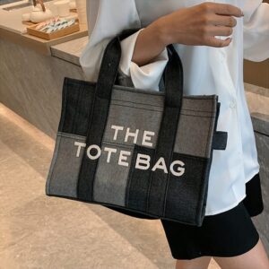 Tote Bag for Women Splicing Denim Handbag Large Capacity Trendy Canvas Crossbody Bags with Zipper Office Travel Black-Small