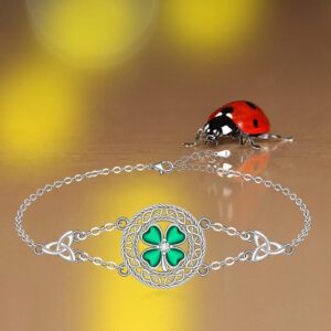 Shamrock Four Leaf Clover Bracelet for Women St Patricks Day Bracelet Sterling Silver Celtic Knot Irish Green 4 Leaf Clover Shamrock Bracelets Jewelry Charm Good Luck Gifts