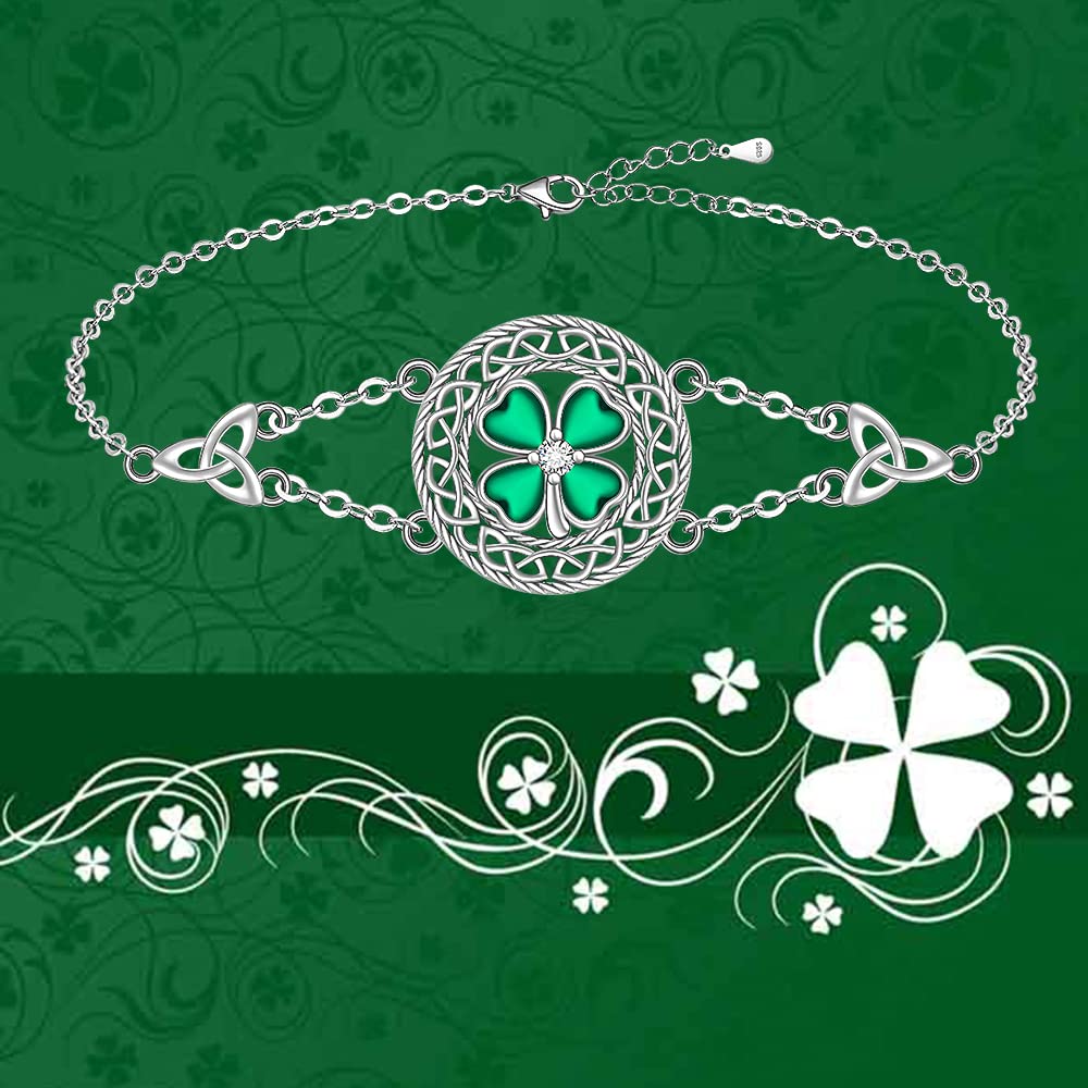 Shamrock Four Leaf Clover Bracelet for Women St Patricks Day Bracelet Sterling Silver Celtic Knot Irish Green 4 Leaf Clover Shamrock Bracelets Jewelry Charm Good Luck Gifts