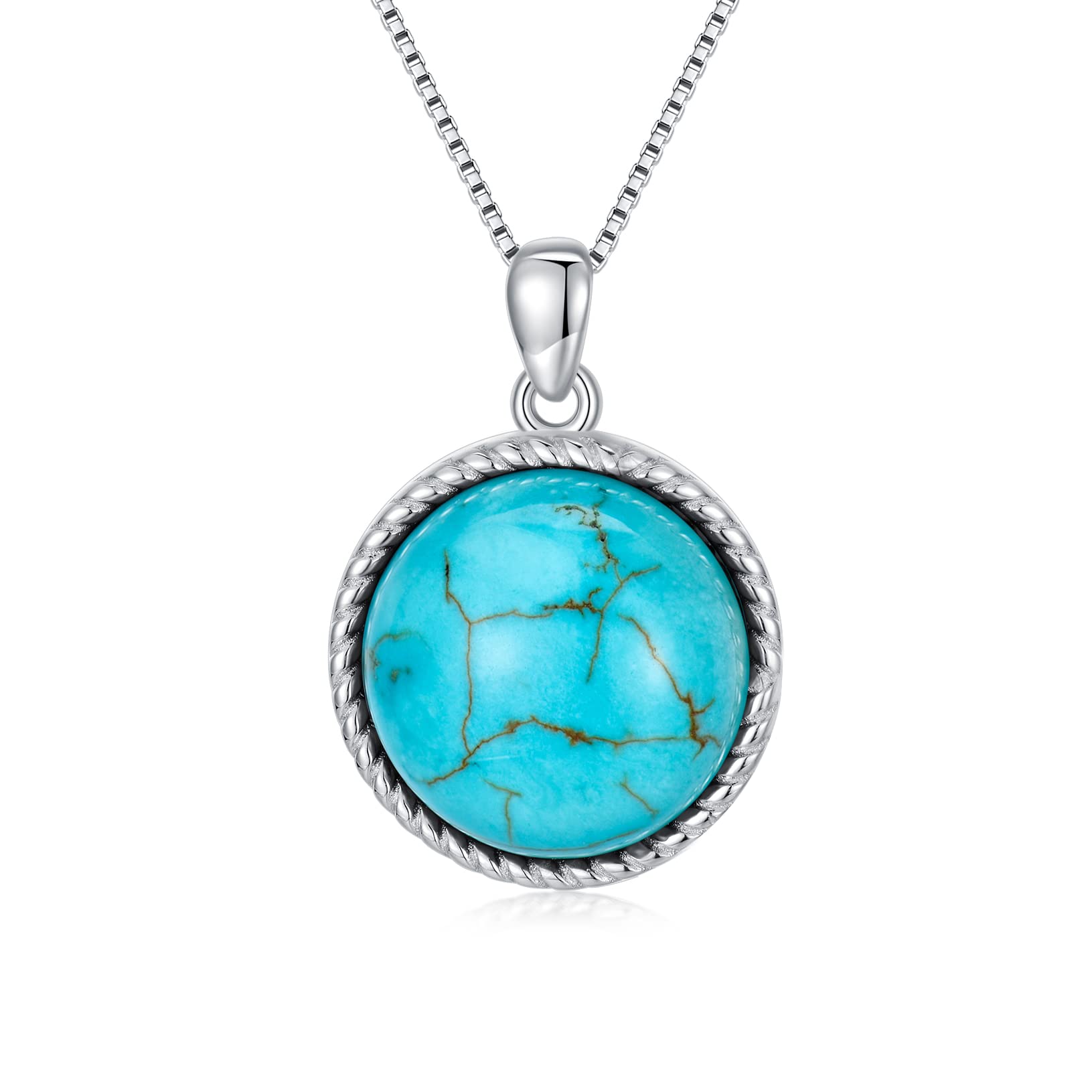 DOLIOX 925 Sterling Silver Turquoise Pendant Necklace, Genuine Round December Birthstone Necklace Vintage Jewelry Gift for Women