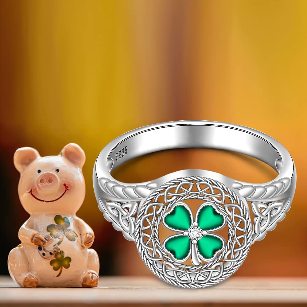 Shamrock Ring St Patricks Day Ring Four Leaf Clover Rings for Women Sterling Silver 925 Irish Shamrock Celtic Knot Green 4 Clover Jewelry Charm Prom Wedding Gifts Size 9