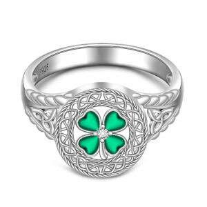 Shamrock Ring St Patricks Day Ring Four Leaf Clover Rings for Women Sterling Silver 925 Irish Shamrock Celtic Knot Green 4 Clover Jewelry Charm Prom Wedding Gifts Size 9