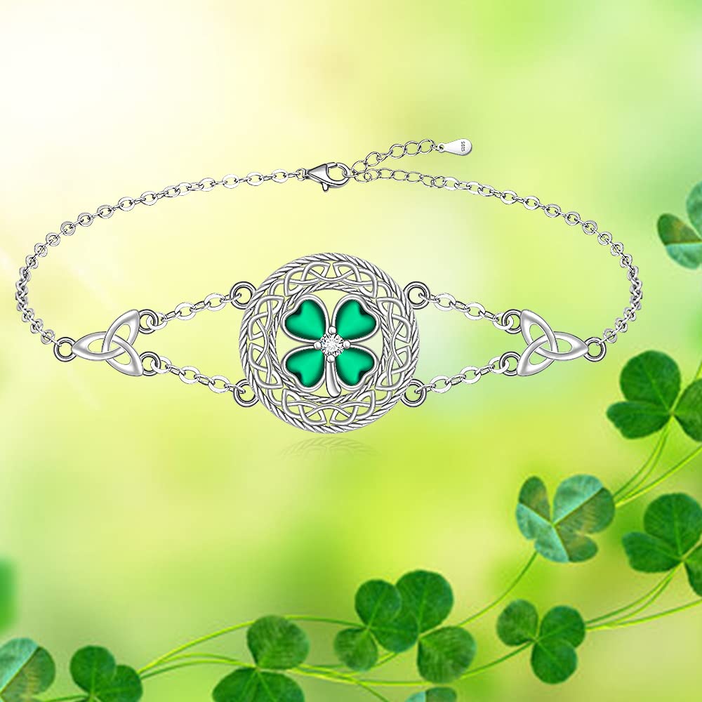 Shamrock Four Leaf Clover Bracelet for Women St Patricks Day Bracelet Sterling Silver Celtic Knot Irish Green 4 Leaf Clover Shamrock Bracelets Jewelry Charm Good Luck Gifts