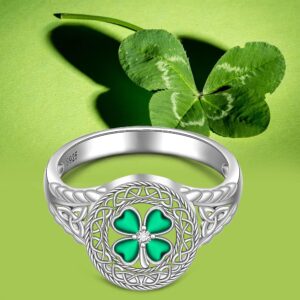 Shamrock Ring St Patricks Day Ring Four Leaf Clover Rings for Women Sterling Silver 925 Irish Shamrock Celtic Knot Green 4 Clover Jewelry Charm Prom Wedding Gifts Size 9