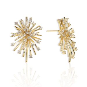 Sonateomber Firework Flower Big Gold Statement Stud Earrings for Women, Trendy Sparkly Rhinestone Cubic Zirconia Burnt Star Unique Hypoallergenic Wedding Bridal Fashion Jewelry Gifts