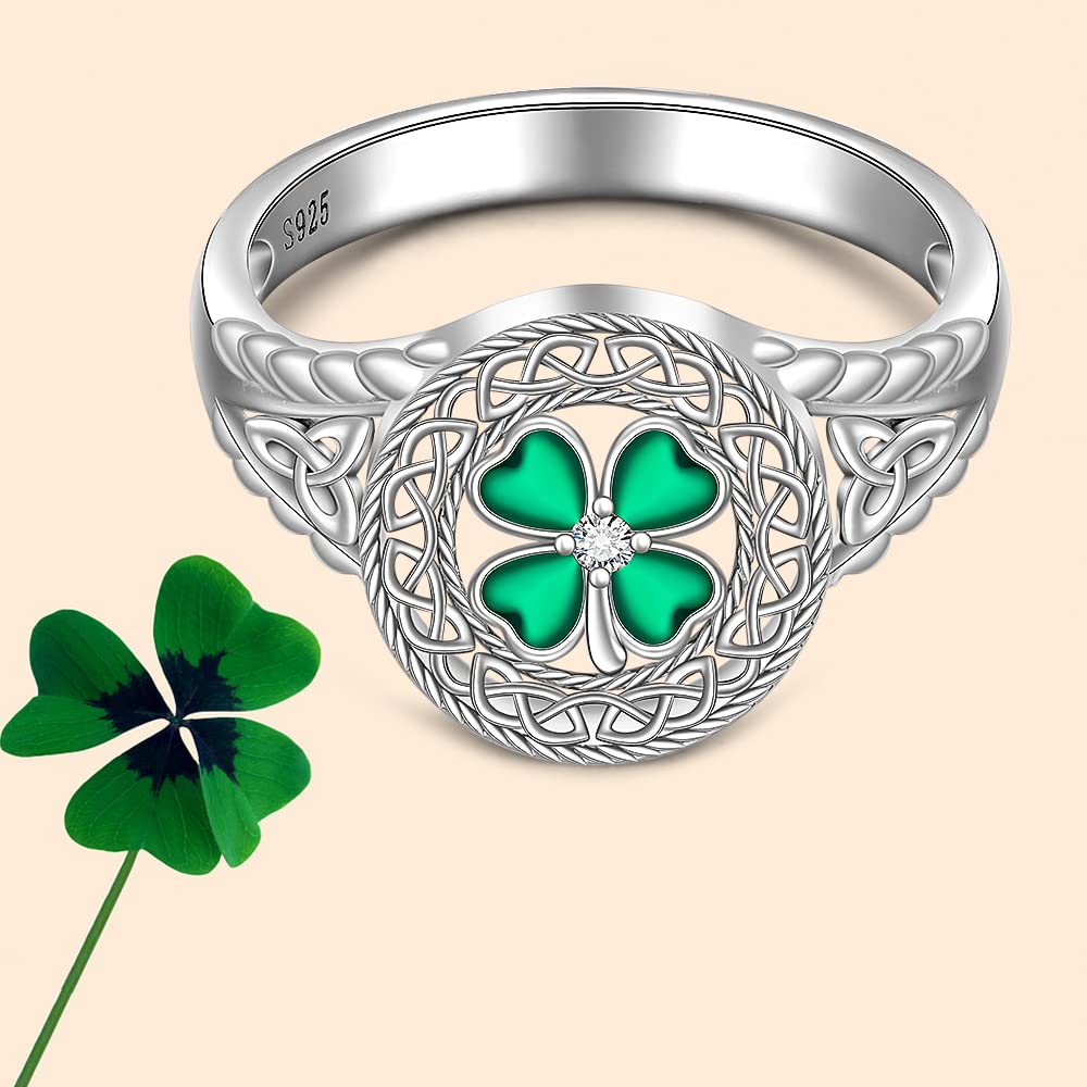 Shamrock Ring St Patricks Day Ring Four Leaf Clover Rings for Women Sterling Silver 925 Irish Shamrock Celtic Knot Green 4 Clover Jewelry Charm Prom Wedding Gifts Size 9