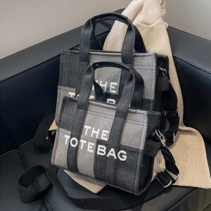 Tote Bag for Women Splicing Denim Handbag Large Capacity Trendy Canvas Crossbody Bags with Zipper Office Travel Black-Small