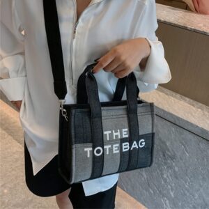 Tote Bag for Women Splicing Denim Handbag Large Capacity Trendy Canvas Crossbody Bags with Zipper Office Travel Black-Small