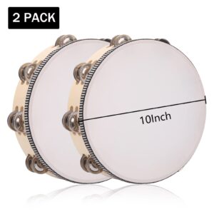 2Pack 10 Inch Double Row Tambourine for Adults Wooden Hand Held Drum Bell Tambourine with Metal Jingles, Percussion Musical Instruments Hand Tambourine for Church, KTV, Party