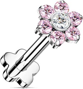 covet jewelry titanium threadless push in flower base labret with cz flower top (pink)