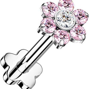 Covet Jewelry Titanium Threadless Push in Flower Base Labret With CZ Flower Top (Pink)