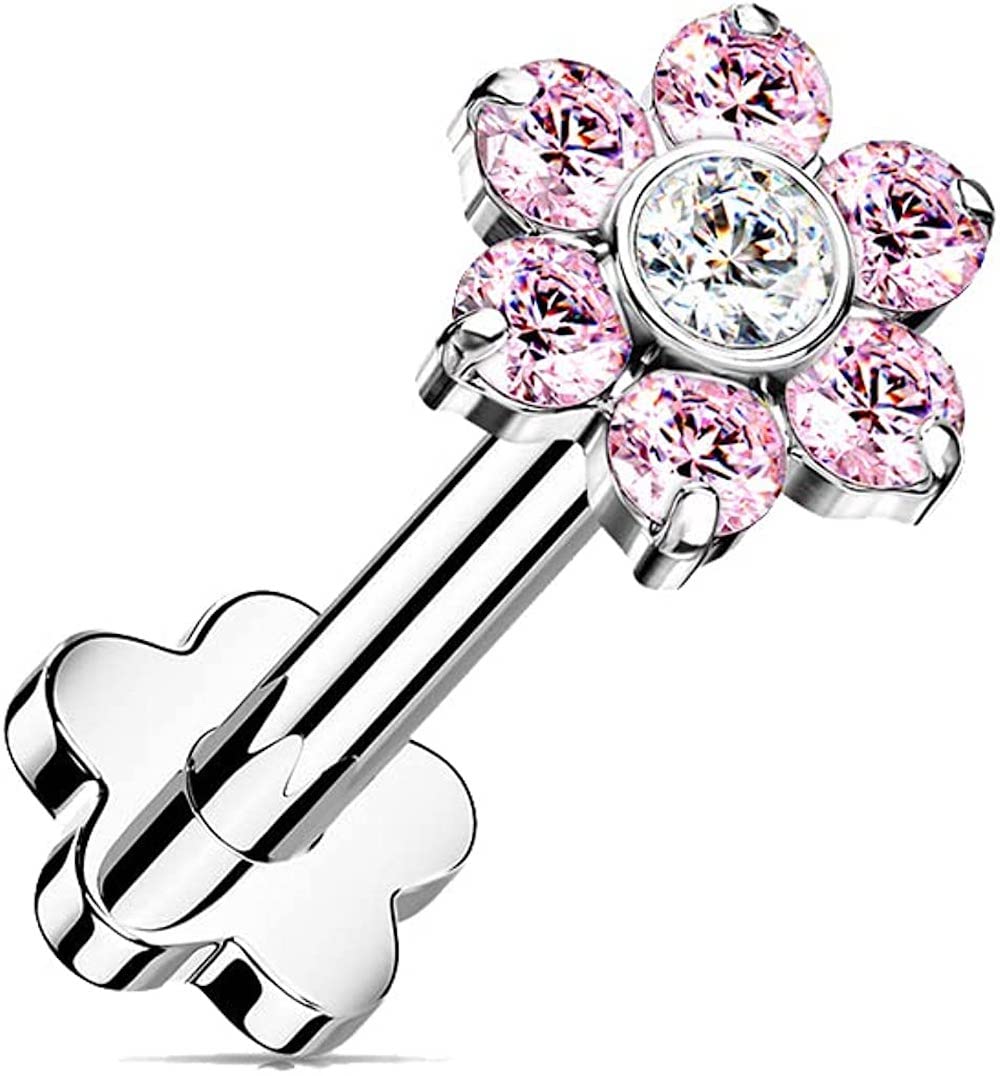 Covet Jewelry Titanium Threadless Push in Flower Base Labret With CZ Flower Top (Pink)