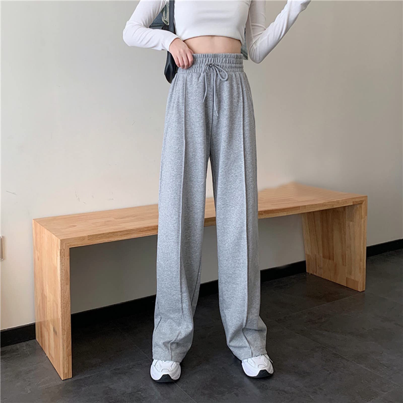 Yoga Work Pants for Women Women Casual High Waist Strappy Drawstring Matching Straight Pant A-Grey