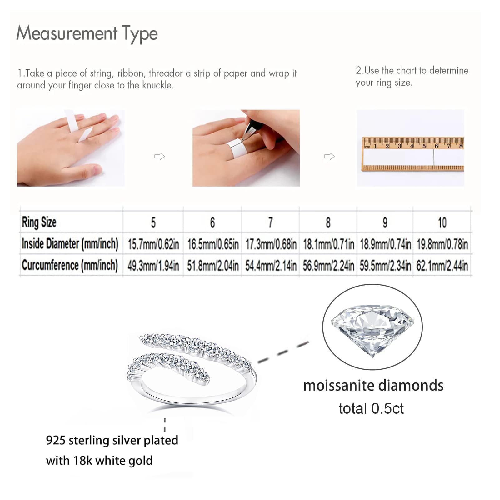 HZSIKAO Moissanite Rings, Sterling Silver Engagement Rings Moissanite Diamond Open Eternity Wedding Band for Women Size 8