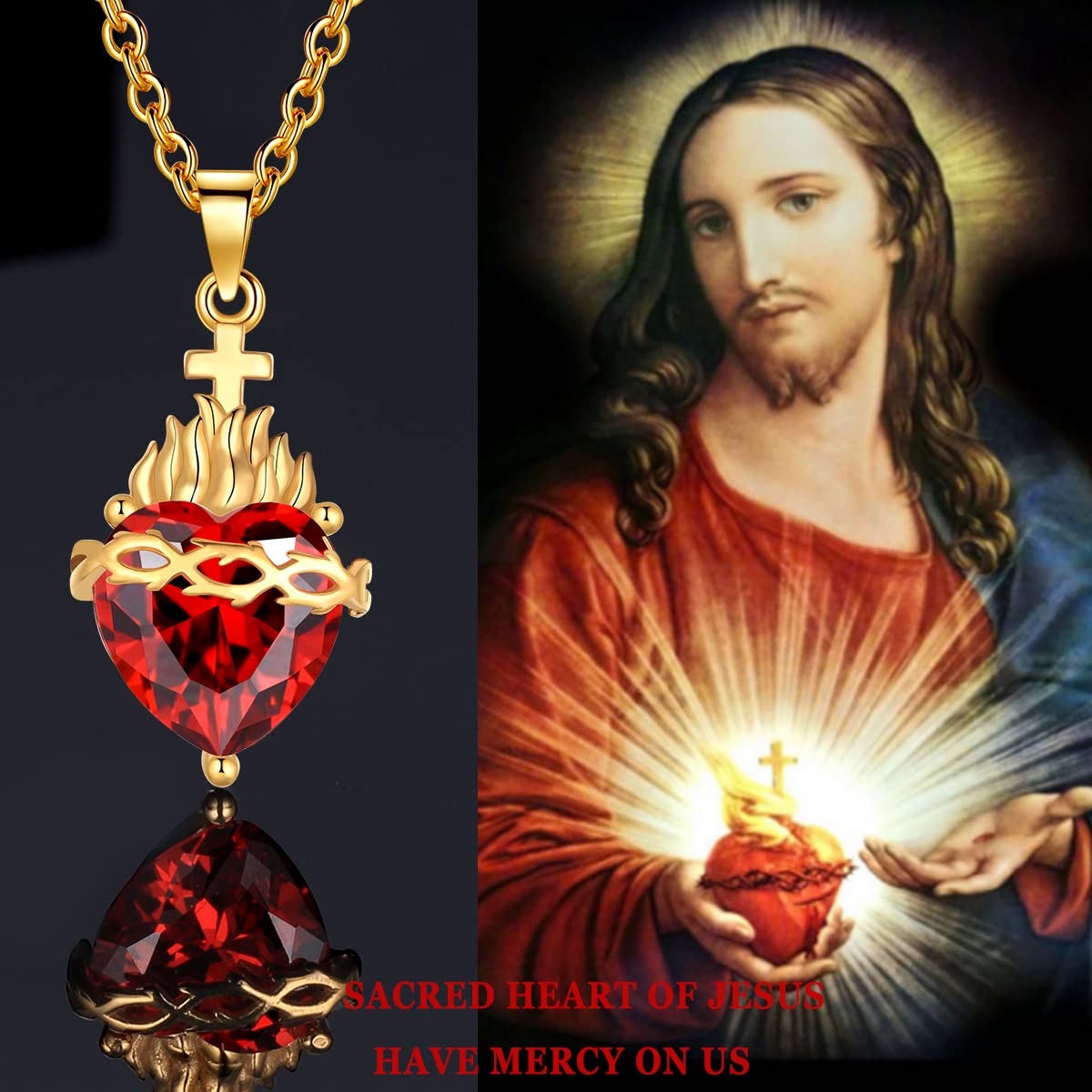 Gold Sacred Heart of Jesus Necklace for Women Stainless Steel Love of God Catholic Jewelry