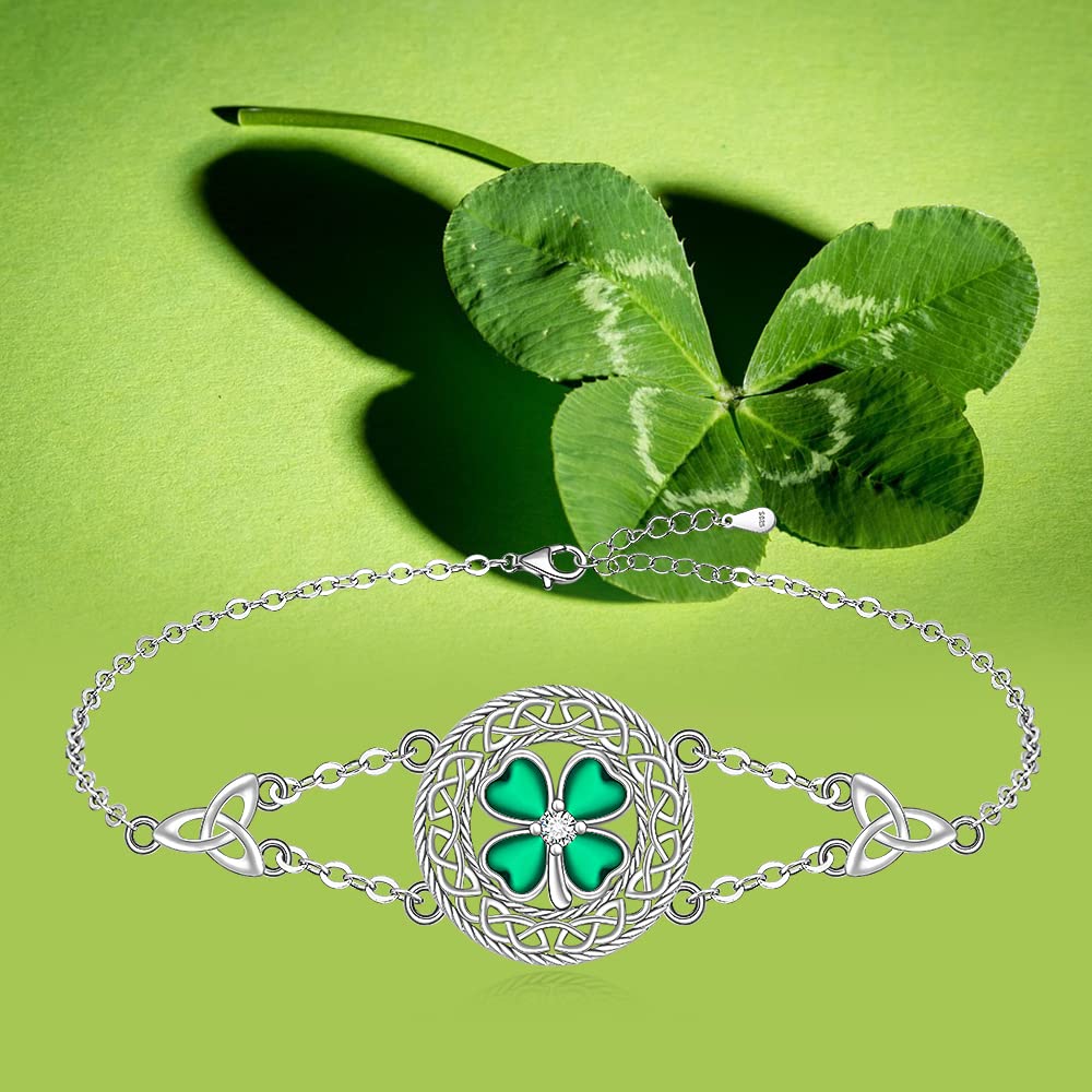 Shamrock Four Leaf Clover Bracelet for Women St Patricks Day Bracelet Sterling Silver Celtic Knot Irish Green 4 Leaf Clover Shamrock Bracelets Jewelry Charm Good Luck Gifts