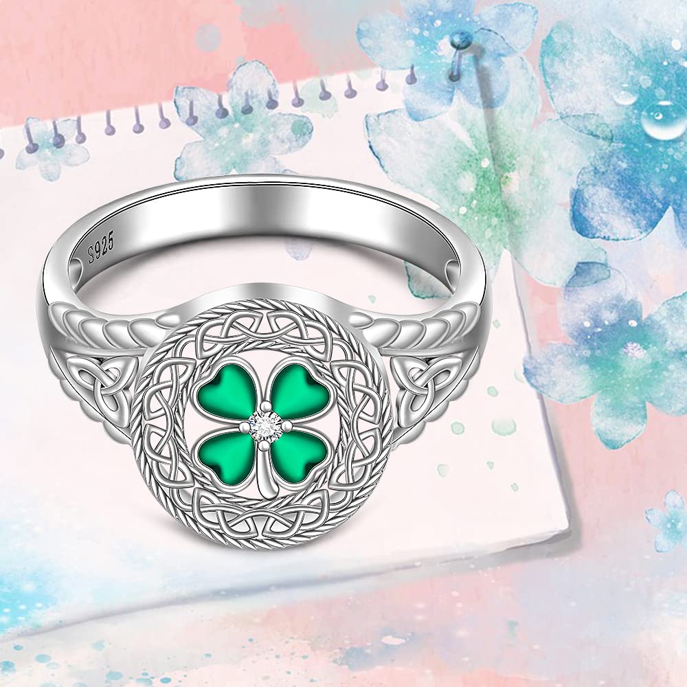 Shamrock Ring St Patricks Day Ring Four Leaf Clover Rings for Women Sterling Silver 925 Irish Shamrock Celtic Knot Green 4 Clover Jewelry Charm Prom Wedding Gifts Size 9