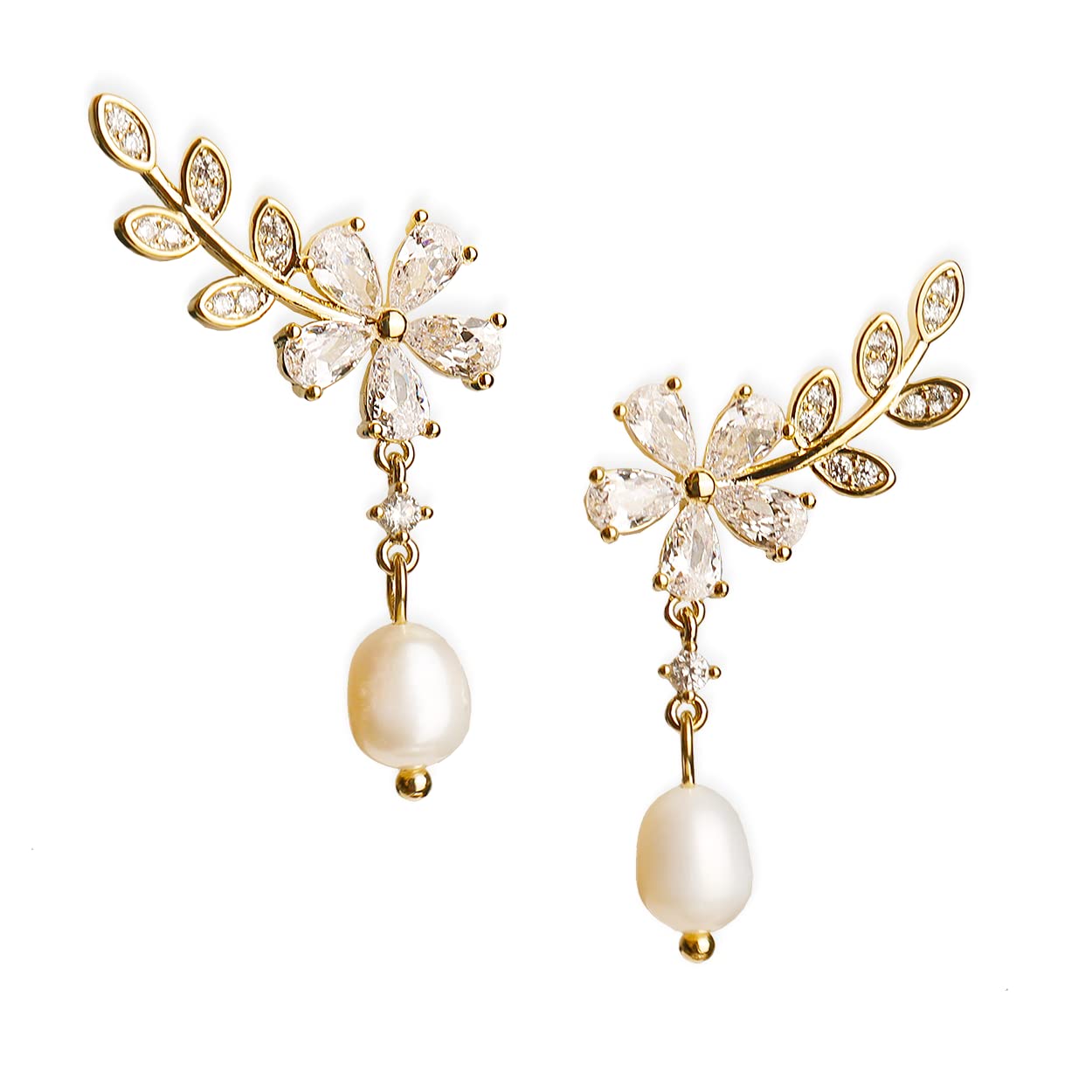 Sonateomber Gold Pearl Flower Leaf Ear Crawler Stud for Women Spring Jewelry Gifts