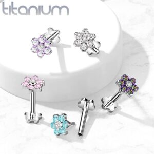 Covet Jewelry Titanium Threadless Push in Flower Base Labret With CZ Flower Top (Pink)