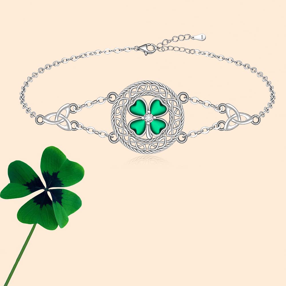 Shamrock Four Leaf Clover Bracelet for Women St Patricks Day Bracelet Sterling Silver Celtic Knot Irish Green 4 Leaf Clover Shamrock Bracelets Jewelry Charm Good Luck Gifts