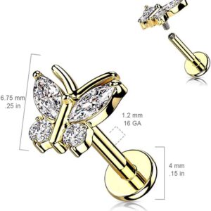 CZ Butterfly Top on Internally Threaded 316L Surgical Steel Flat Back Stud for Labret, Monroe, Cartilage and More (16GA, L: 5/16" (8mm),Gold)