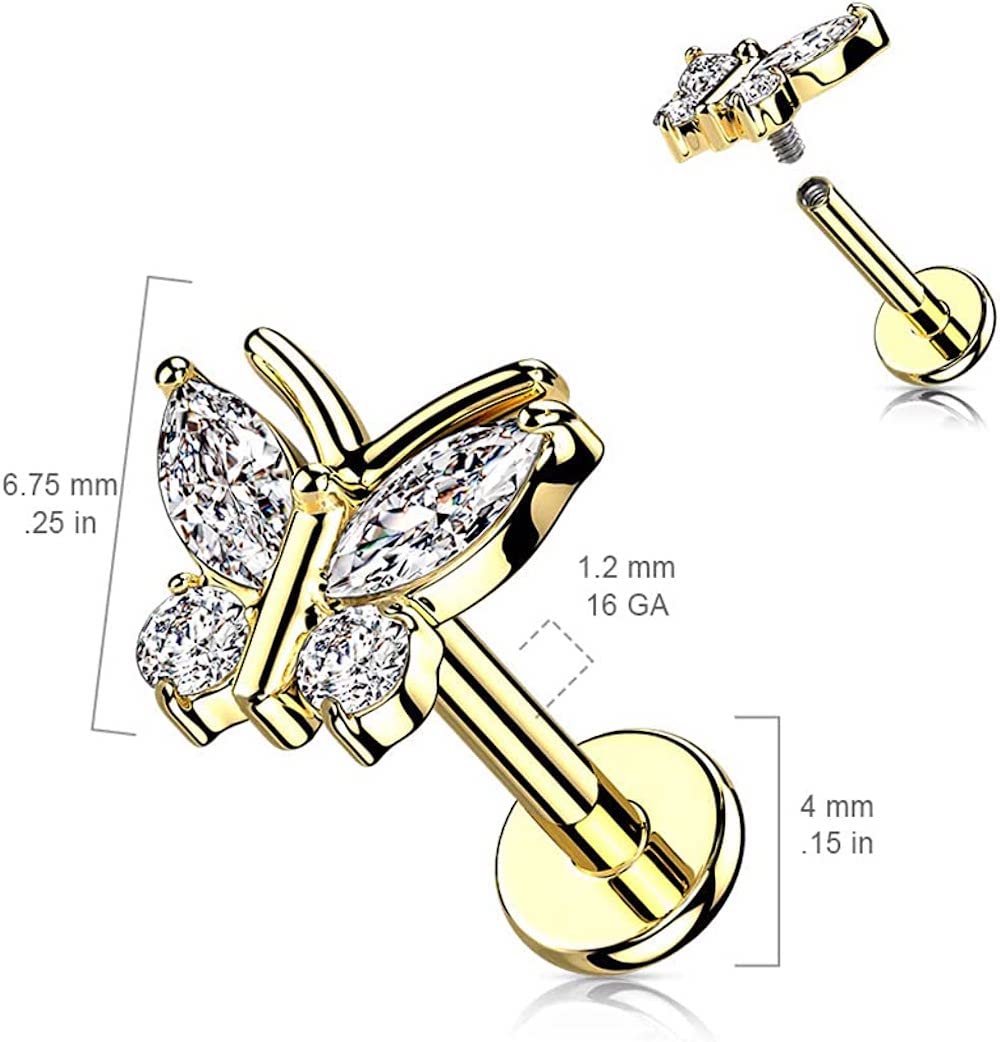 CZ Butterfly Top on Internally Threaded 316L Surgical Steel Flat Back Stud for Labret, Monroe, Cartilage and More (16GA, L: 5/16" (8mm),Gold)