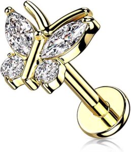 cz butterfly top on internally threaded 316l surgical steel flat back stud for labret, monroe, cartilage and more (16ga, l: 5/16" (8mm),gold)