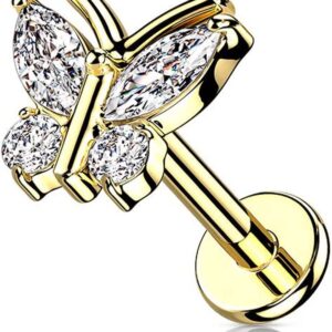 CZ Butterfly Top on Internally Threaded 316L Surgical Steel Flat Back Stud for Labret, Monroe, Cartilage and More (16GA, L: 5/16" (8mm),Gold)