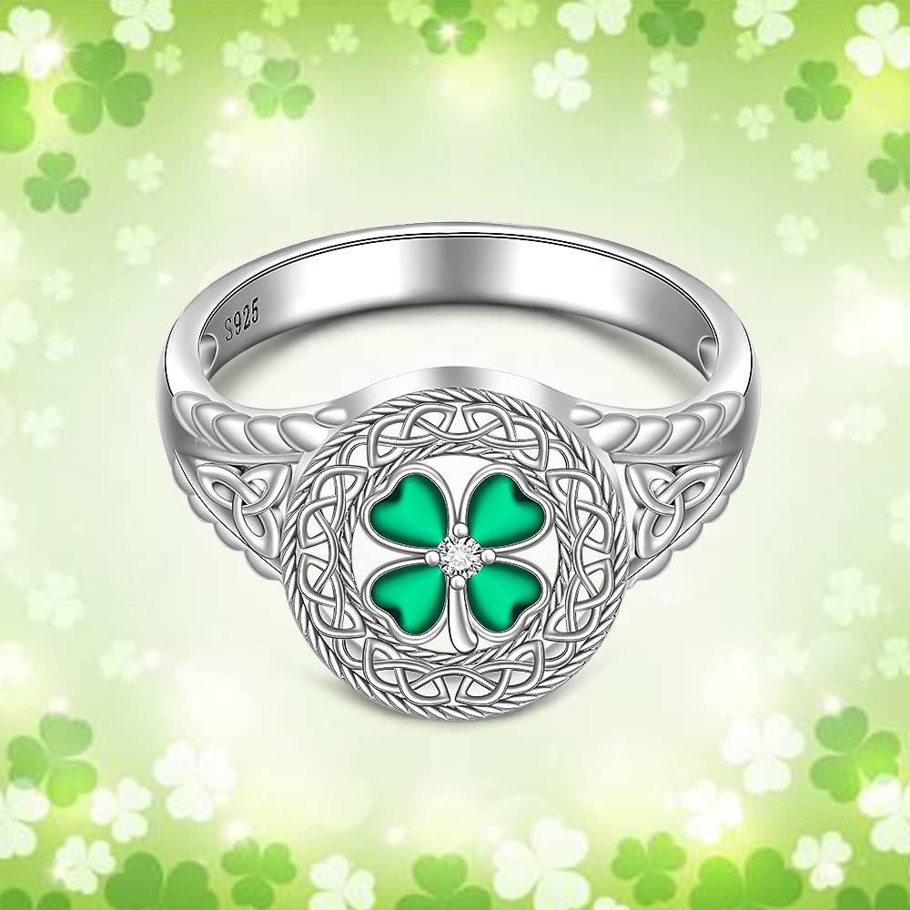 Shamrock Ring St Patricks Day Ring Four Leaf Clover Rings for Women Sterling Silver 925 Irish Shamrock Celtic Knot Green 4 Clover Jewelry Charm Prom Wedding Gifts Size 9