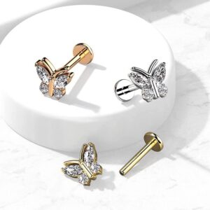 CZ Butterfly Top on Internally Threaded 316L Surgical Steel Flat Back Stud for Labret, Monroe, Cartilage and More (16GA, L: 5/16" (8mm),Gold)