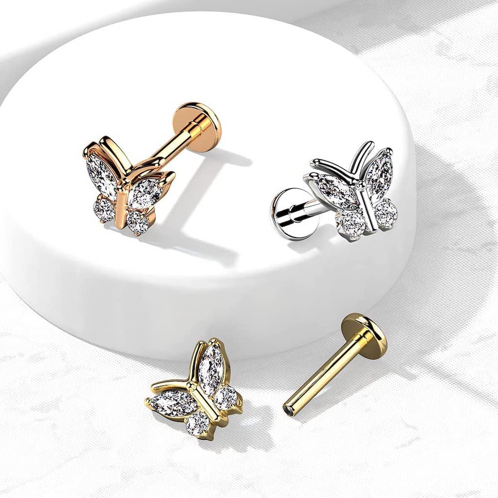 CZ Butterfly Top on Internally Threaded 316L Surgical Steel Flat Back Stud for Labret, Monroe, Cartilage and More (16GA, L: 5/16" (8mm),Gold)