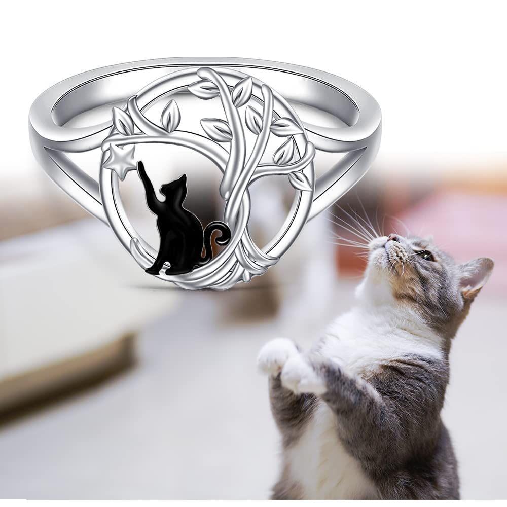 Black Cat Rings for Women Cat Ring Tree of Life Ring Cats Remembrance Black Cats Sterling Silver Family Animal Lovers Jewelry Size 8