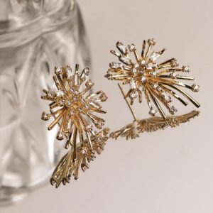 Sonateomber Firework Flower Big Gold Statement Stud Earrings for Women, Trendy Sparkly Rhinestone Cubic Zirconia Burnt Star Unique Hypoallergenic Wedding Bridal Fashion Jewelry Gifts