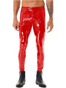 tssoe men shiny wetlook patent leather skinny pants tight zipper crotch clubwear motor biker leggings red large