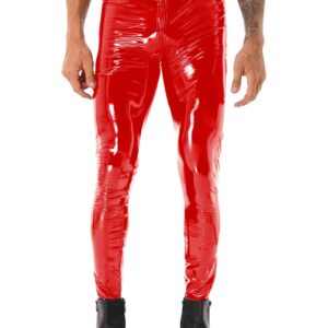 TSSOE Men Shiny Wetlook Patent Leather Skinny Pants Tight Zipper Crotch Clubwear Motor Biker Leggings Red Large