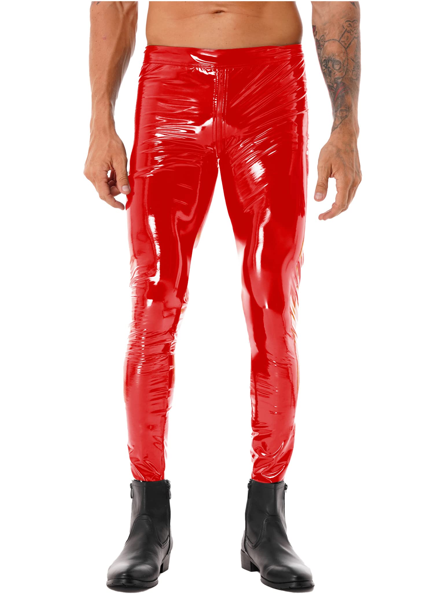 TSSOE Men Shiny Wetlook Patent Leather Skinny Pants Tight Zipper Crotch Clubwear Motor Biker Leggings Red Large