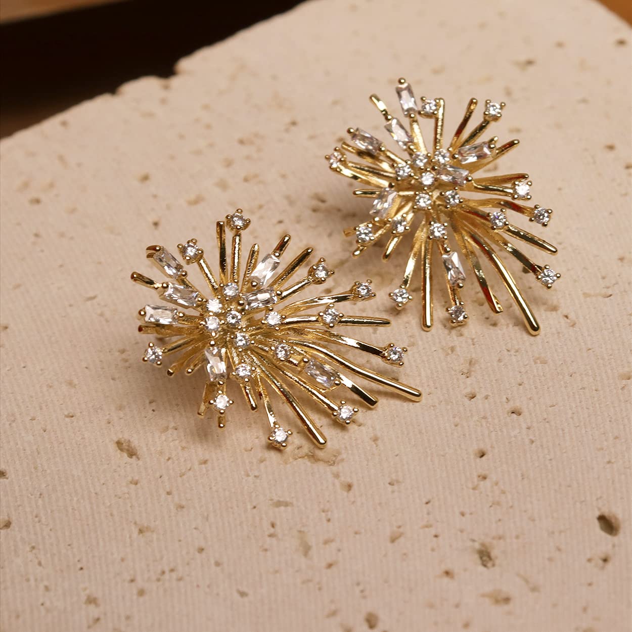 Sonateomber Firework Flower Big Gold Statement Stud Earrings for Women, Trendy Sparkly Rhinestone Cubic Zirconia Burnt Star Unique Hypoallergenic Wedding Bridal Fashion Jewelry Gifts