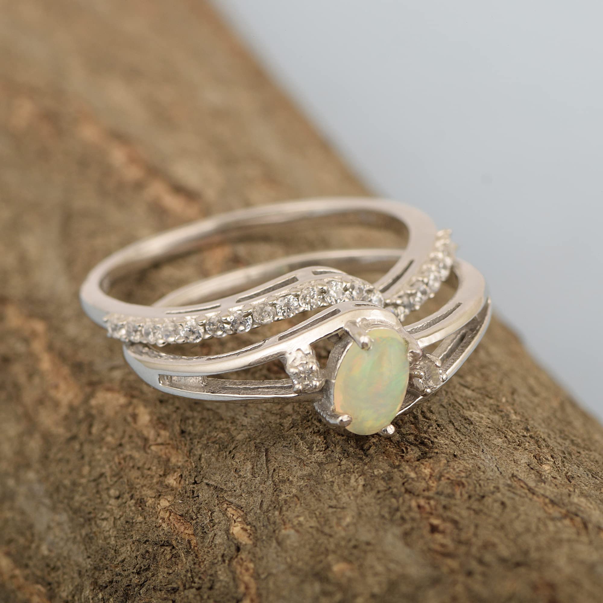 925 Sterling Silver Ring, Multi Choice Gemstone Birthstone 2pc Wedding Band Stackable Ring Set Size 6-10 Opal, Sz7