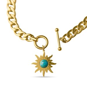 Sun Necklace Gold Turquoise Necklace Chunky Gold Necklace with Sun Pendant 18kt High End Turquoise Jewelry for Her Crysal Necklaces