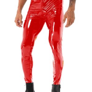 TSSOE Men Shiny Wetlook Patent Leather Skinny Pants Tight Zipper Crotch Clubwear Motor Biker Leggings Red Large