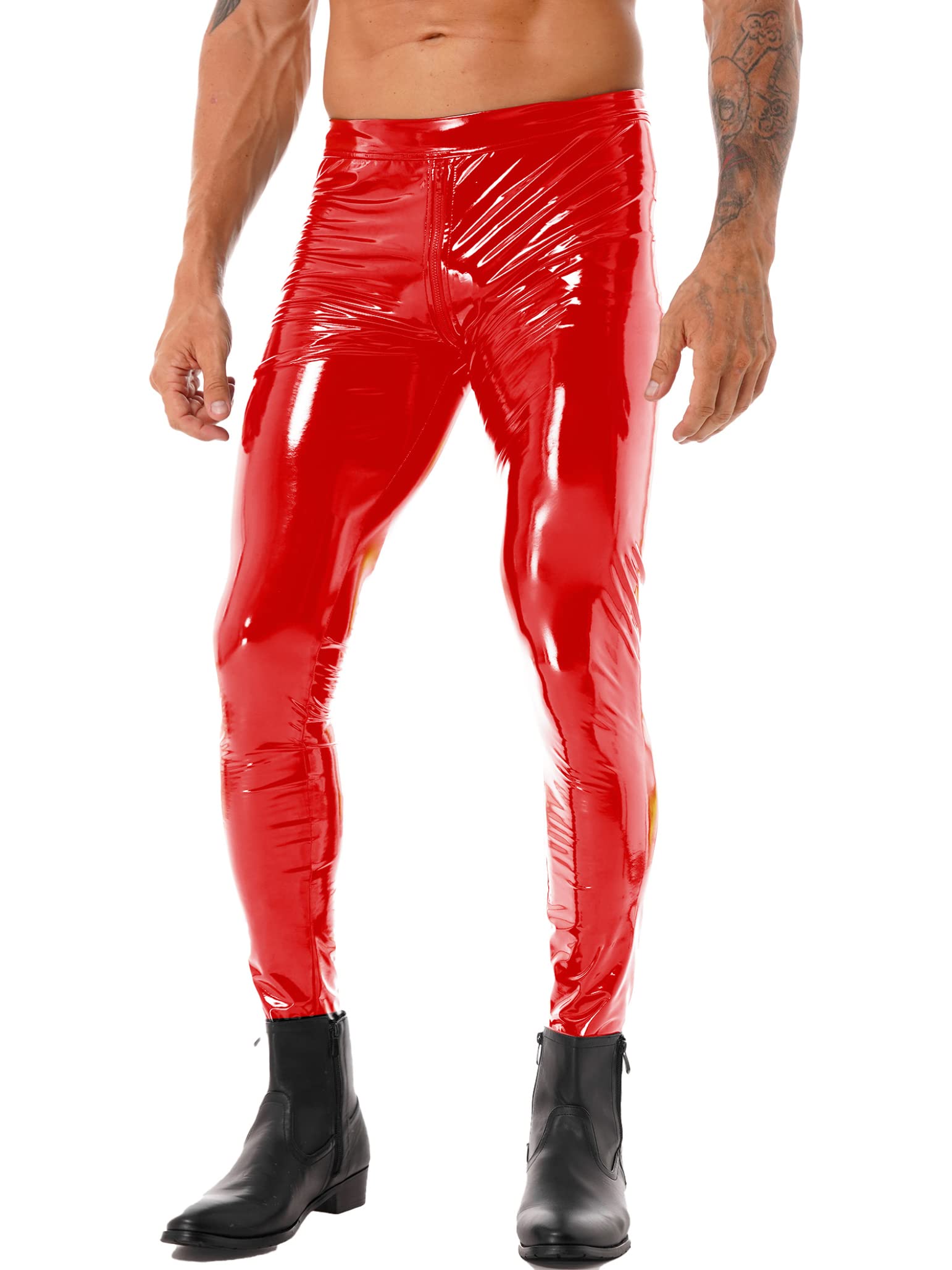 TSSOE Men Shiny Wetlook Patent Leather Skinny Pants Tight Zipper Crotch Clubwear Motor Biker Leggings Red Large