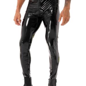 TSSOE Men Shiny Wetlook Patent Leather Skinny Pants Tight Zipper Crotch Clubwear Motor Biker Leggings Black Small