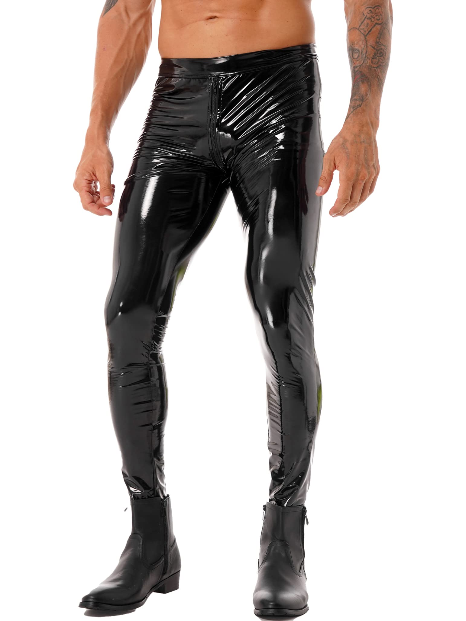 TSSOE Men Shiny Wetlook Patent Leather Skinny Pants Tight Zipper Crotch Clubwear Motor Biker Leggings Black Small