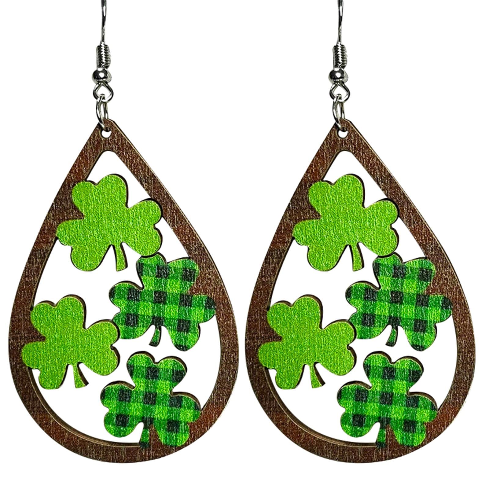 St. Patrick's Day Irish Shamrock Hat Shape Wooden Dangle Earrings Dainty Green Leaf Wood Earrings for Women Jewelry(A)