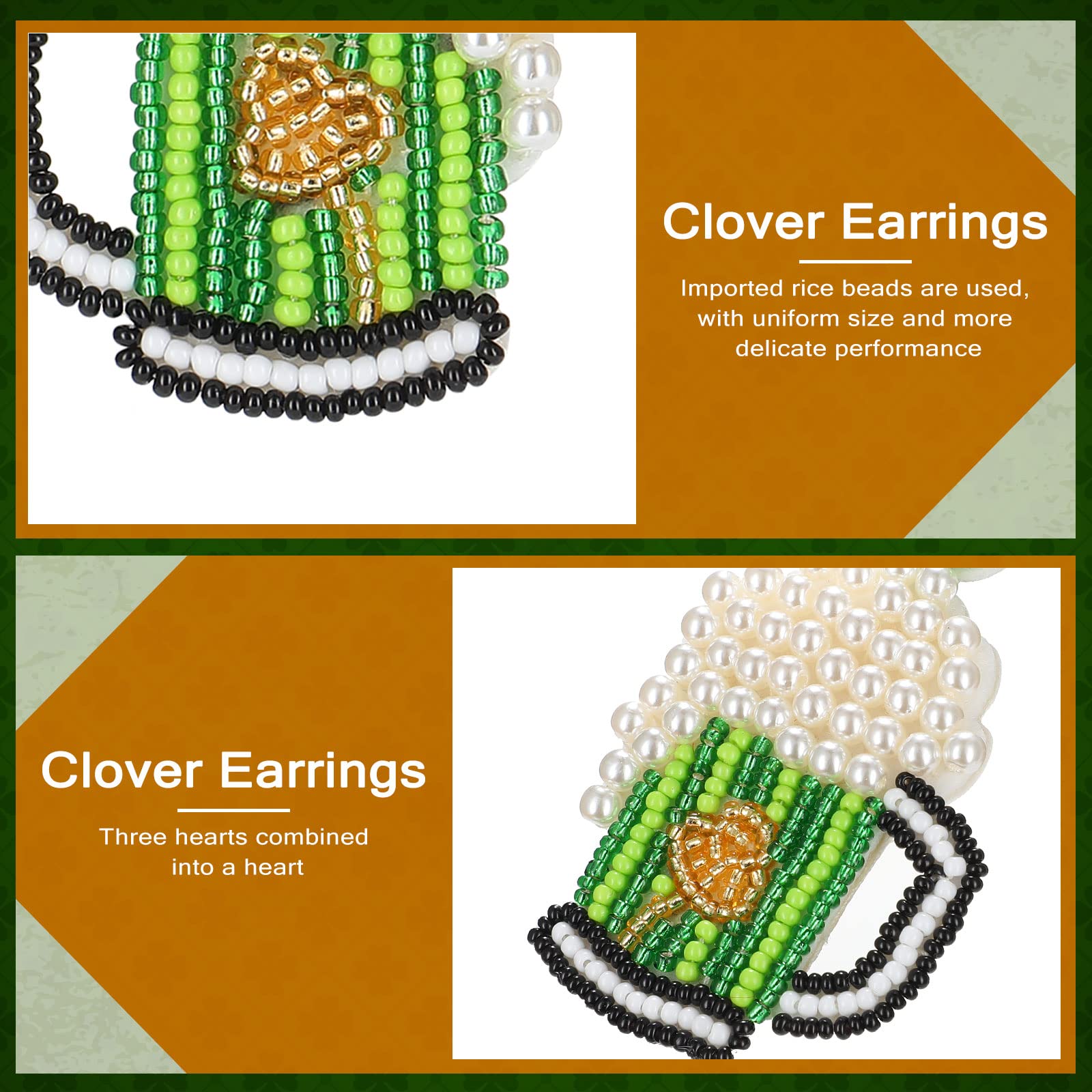 2 Pairs St. Patrick's Day Earrings Beaded Shamrock Hat and Beer Cup Drop Dangle St. Patrick's Day Clover Green Leaf Earring Irish Jewelry Gift for Girl Women Lucky Holiday Party Favors Accessories