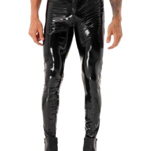 TSSOE Men Shiny Wetlook Patent Leather Skinny Pants Tight Zipper Crotch Clubwear Motor Biker Leggings Black Small