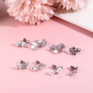 Jstyle 8 Pairs Cute Screw Back Earrings for Girls Women Pink CZ Heart Unicorn Stud Earrings Stainless Steel Flower Ball Screwback Earrings Set